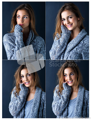 Image of Stylish and sweet at the same time. Multiple image shot of a cute teenage girl posing against a dark background.