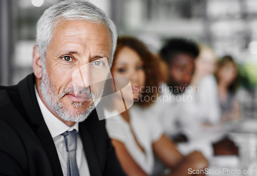 Image of I only collaborate with the best. Portrait of a businessman sitting in a boardroom meeting with colleagues blurred in the background.