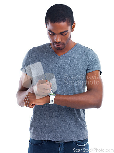 Image of Digital technology just gets smarter and smarter. Cropped view of a young man wearing a smartwatch with a digital interface.