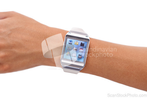 Image of Smart technology. Closeup studio shot of a womans arm wearing a smartwatch - All screen content is designed by us and not copyrighted by others.