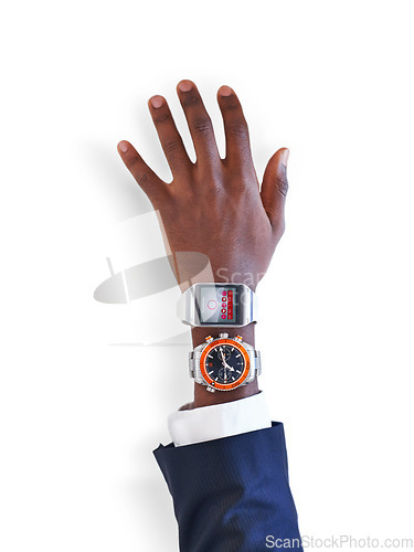 Image of How do you like my upgrade. Studio shot of an arm wearing a smart watch and an analog watch - All screen content is designed by us and not copyrighted by others.