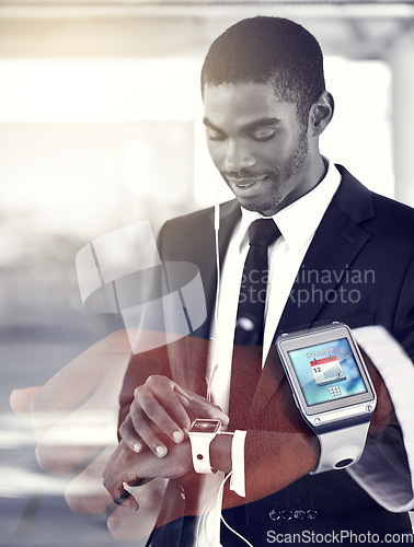 Image of Smart technology for the smart businessman. Multiple exposure shot of a young businessman and a closeup of his smartwatch.