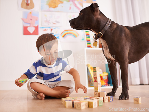Image of Hes the perfect playmate. A young boy playing with building blocks in his room while his dog stands by.