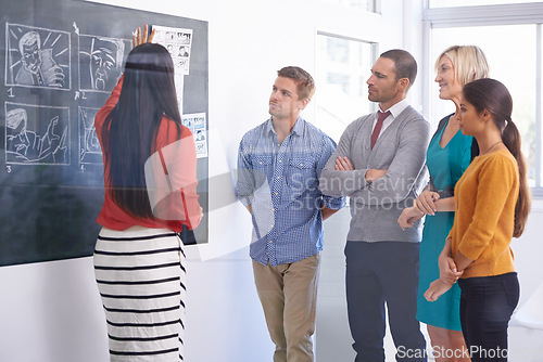 Image of Good communication is part of great leadership. A businessman standing and presenting a storyboard to his team in an office.