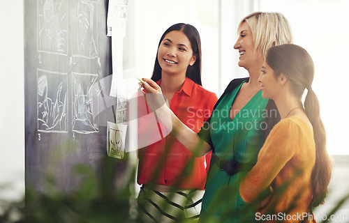 Image of Explaining her ideas on the blackboard. three businesswoman strategizing at the blackboard.