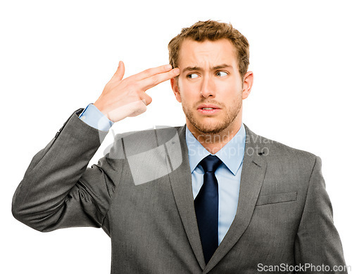 Image of He needs a break. businessman miming his brains being blown out against a studio background.