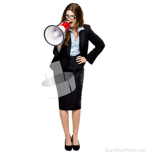 Image of I wont stop until Im heard. a young businesswoman using a megaphone against a studio background.