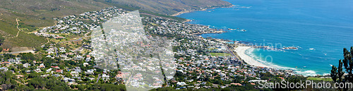 Image of Aerial panorama photo of Cape Town. Panorama photo Camps Bay Western Cape, South Africa.