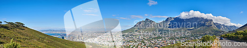 Image of Aerial panorama photo of Camps Bay. Panorama photo of Cape Town, Western Cape, South Africa.