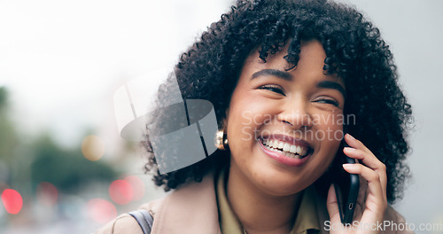 Image of City, laughing or happy businesswoman on a phone call talking, networking or speaking of funny joke. Smile, mobile communication or biracial entrepreneur in conversation for a negotiation or deal