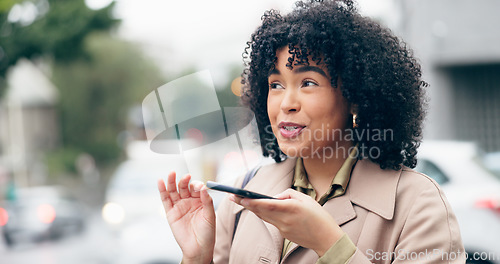 Image of City, speaker or happy businesswoman on a phone call talking, networking or speaking of ideas. Voice message, mobile communication or entrepreneur in conversation for a negotiation or deal offer