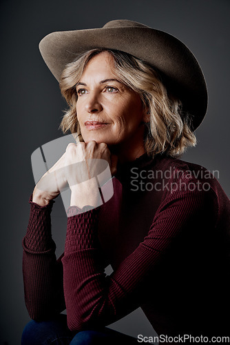 Image of As we age, we just become so much more refined. a mature woman looking stylish against a grey background.