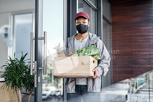 Image of Fresh produce delivered right to your front door. a young man delivering fresh produce to a place of residence.