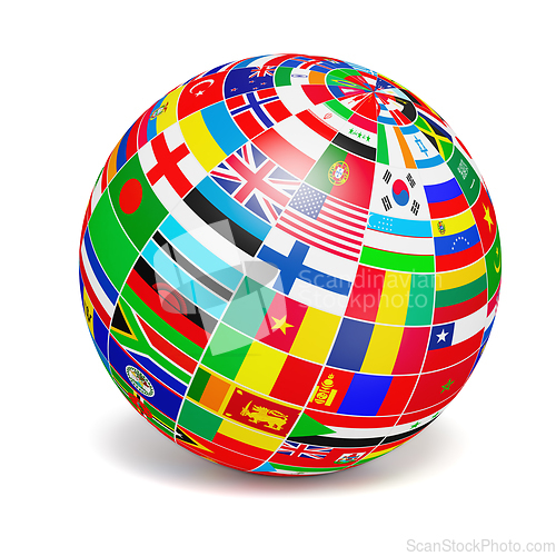 Image of D globe sphere with flags of the world on white