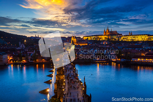 Image of Night view of Prague, Charles Bridge, Vltava river