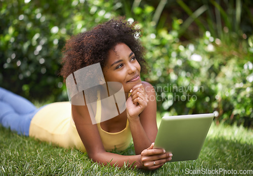 Image of What should I do today. an attractive young woman using her digital tablet outside on the grass.