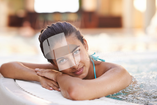 Image of Nothing is going to get me out of here today. Portrait of a gorgeous young woman relaxing in a jacuzzi.