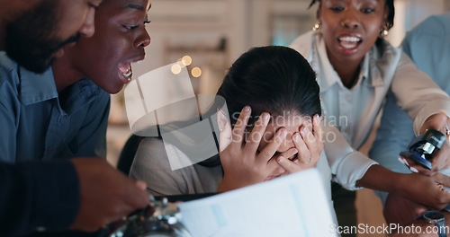 Image of Night, business and multitasking stress for woman with headache, overwhelmed or frustrated by team demand in office. Deadline, anxiety and lady manager with compliance fail, tax or audit chaos crisis