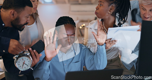 Image of Business woman, chaos and stress for time management fail, documents and project deadline and office support. Leader or startup manager with anxiety for team help, phone call and paperwork at night