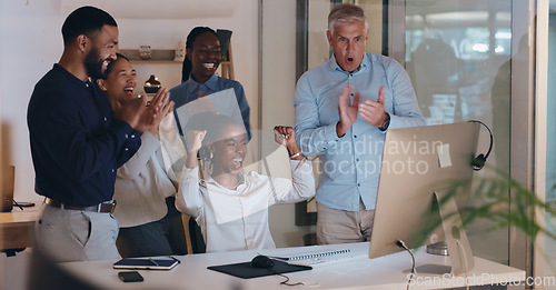 Image of Call center, applause and people success, target and sales celebration on computer for telemarketing teamwork. Consultant, agent men and women clapping, excited and yes for winner and news in office