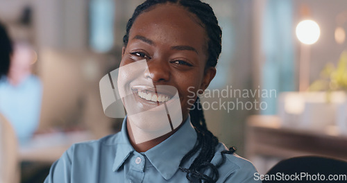 Image of Night, business and portrait of happy black woman in office with confidence, smile or positive attitude. Working late, inspiration or face of African female lawyer in coworking space at startup