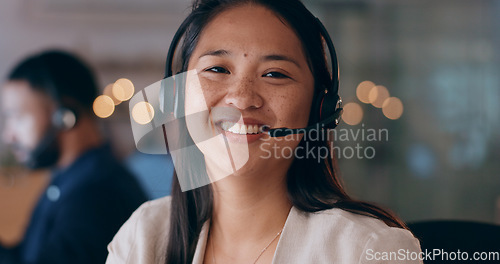 Image of Business woman, portrait and call center, night communication or consultant support for customer service. Happy, face and professional agent or asian advisor for solution, help desk and virtual chat