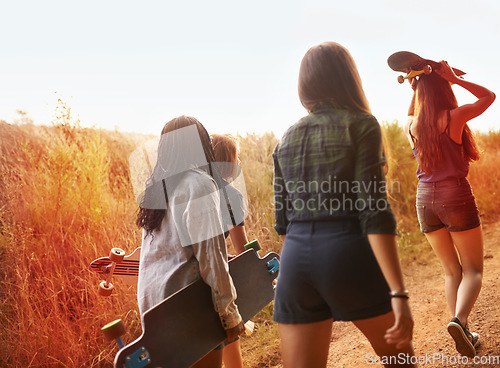 Image of Whatever boys can do we can do it better. Four young girls looking for the perfect spot to go skateboarding.