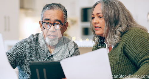 Image of Financial, reading or senior couple with documents in home for retirement savings or pension planning. Profit growth, investment app or mature man with a woman for house bills or budget together