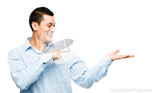 Image of What do you see here. an asian businessman gesturing against a studio background.