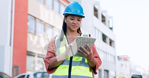 Image of Construction, woman and tablet for inspection at job site, check digital floor plan and project management. Architect, engineering and paperless blueprint, checklist and assessment with contractor