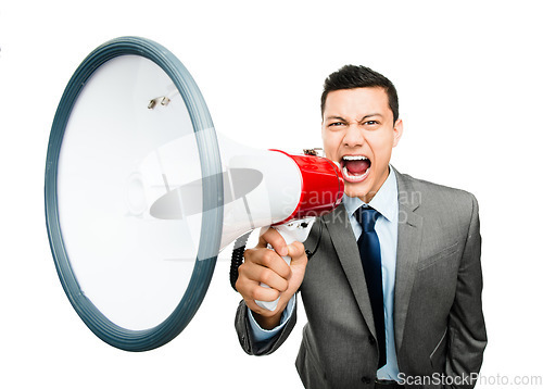 Image of He cannot be ignored. an asian businessman shouting into a megaphone against a studio background.