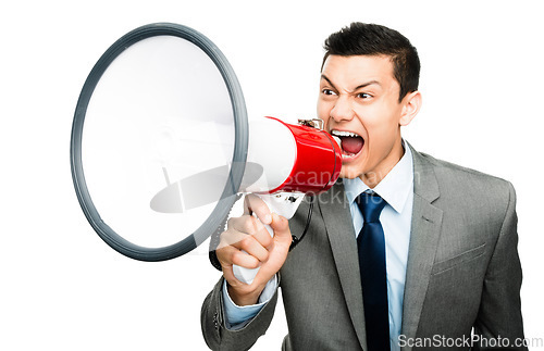 Image of Making himself heard by any means. an asian businessman shouting into a megaphone against a studio background.