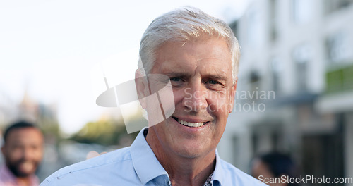 Image of Business, travel and portrait of senior man in a city street with confidence, smile or positive mindset. Worker, face and elderly executive excited for international, trip or urban town opportunity