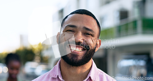 Image of Brazil, travel and happy portrait of man in city, town or smile for vacation in summer. Holiday, trip and person on street in Rio de Janeiro with happiness on face for business trip or adventure