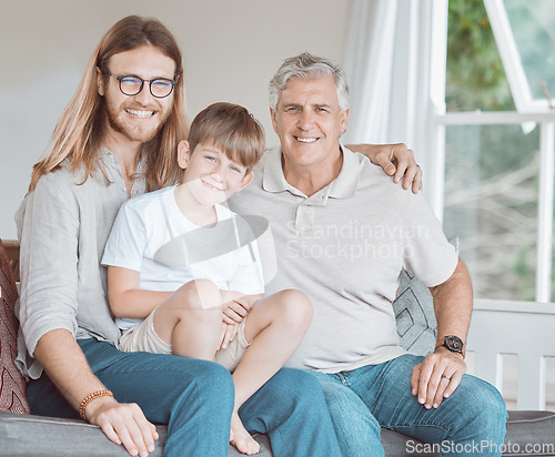 Image of Strength in threes. a mature man bonding with his son and grandson at home.