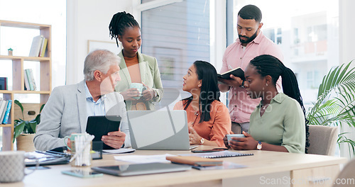 Image of Training, laptop and business people in office meeting with senior man executive for creative, brainstorming or collaboration. Workshop, coaching and old male mentor with team for proposal discussion