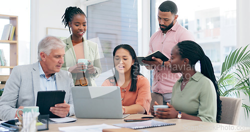 Image of Laptop, training and business meeting by people in office for creative, brainstorming or problem solving collaboration. Workshop, coaching and woman mentor with team for online, solution or proposal