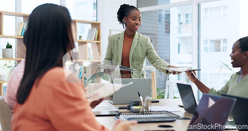 Image of Business people in office for meeting with documents, proposal and laptop in workshop. Planning, strategy and management with women at table with paperwork, teamwork and project development report.