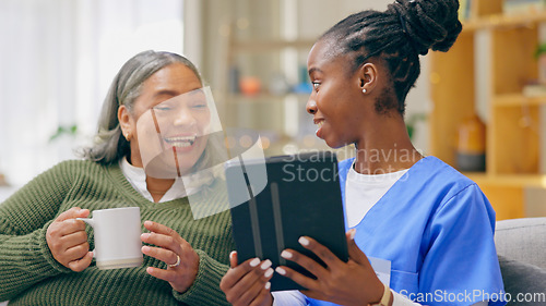 Image of Home, old woman and nurse with a tablet, connection and email notification with internet, love or social media. Black woman, caregiver or elderly person on a sofa, technology or conversation with app