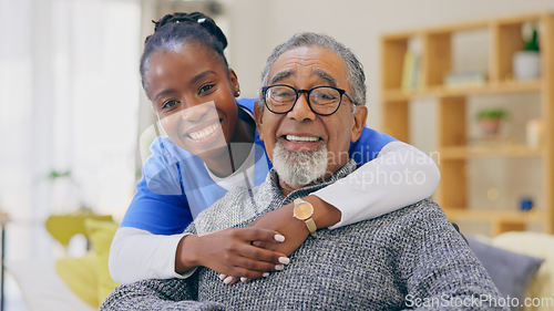 Image of Senior man, nursing home and retired with hug, kind and care for support, caregiver and nurse. Happiness, healthcare and smile for medical, professional and worker for elderly, smiling or retirement