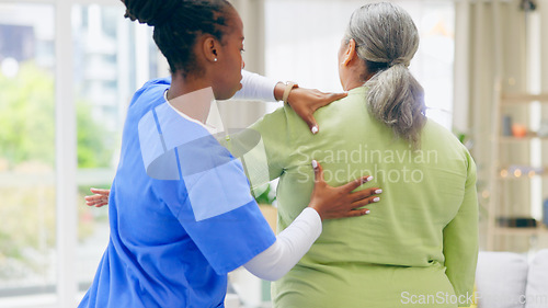 Image of Senior woman, nurse and chiropractor for back, physical therapy and spinal injury in retirement. Elderly person, caregiver and rehabilitation or support, trust and healthcare for wellness or help