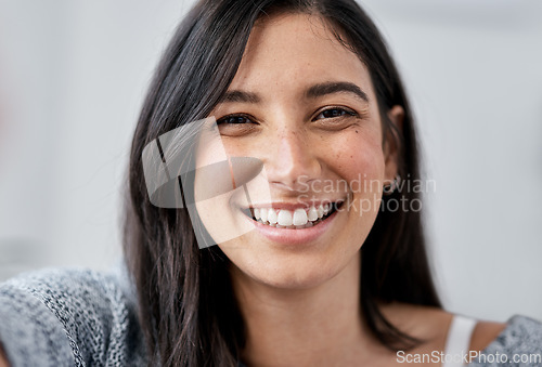 Image of No need to be anything else but your beautiful selfie. Portrait of a happy young woman taking a selfie art home.