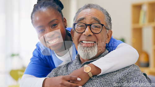 Image of Senior man, nurse and smile in retirement home, portrait and assistance by professional. Elderly person, caregiver and rehabilitation or support, trust and healthcare for wellness or hug for empathy