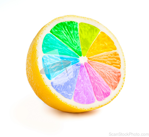 Image of Lemon cut half slice with color wheel isolated