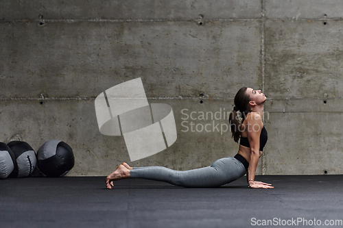 Image of Fit woman in a modern gym working flexibility and strength through various exercises, demonstrating her commitment to fitness