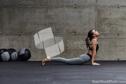 Image of Fit woman in a modern gym working flexibility and strength through various exercises, demonstrating her commitment to fitness