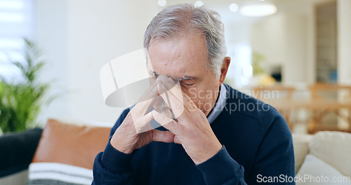 Image of Senior man, headache and stress in financial crisis, retirement debt or mistake on living room sofa at home. Mature male person with migraine, anxiety or depression in loss or mental health at house