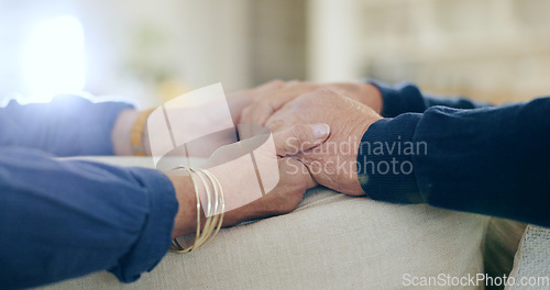 Image of Retirement, holding hands or old couple with support, trust or hope in marriage commitment at home. Zoom, comfort or senior man bonding to relax with an elderly woman on anniversary for love or care