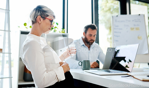 Image of Tending to business before she goes on leave. a pregnant businesswoman drinking water while working on a laptop in an office with her colleague in the background.