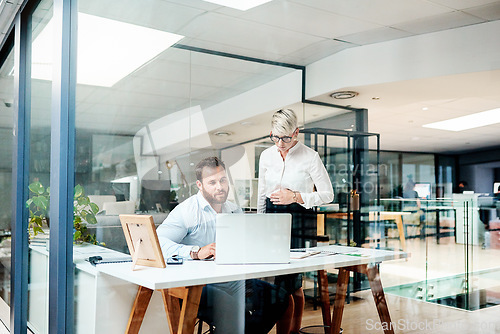 Image of Approving some ideas before setting them into action. two businesspeople working together on a laptop in an office.